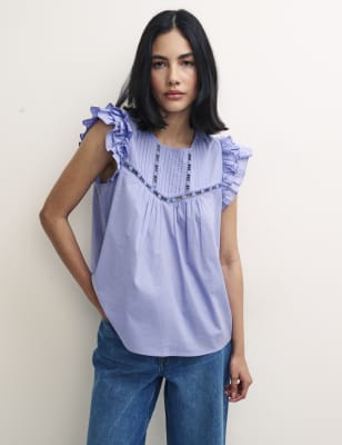 

Nobody's Child Top estilo camisola de algodón orgánico informal con postizo de encajeWomens - Blue, Blue