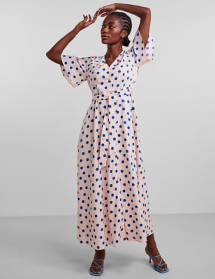 

Womens Y.A.S Linen Blend Polka Dot Maxi Shirt Dress - Blue Mix, Blue Mix