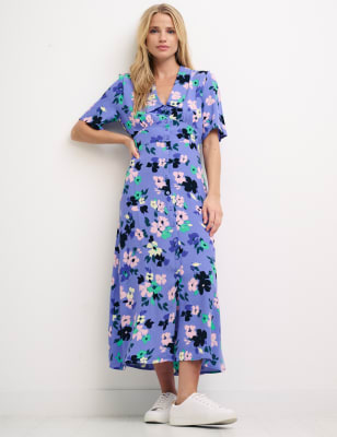 

Womens Nobody's Child Floral V-Neck Button Through Midi Tea Dress - Blue Mix, Blue Mix