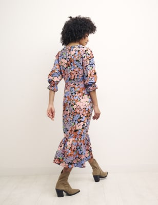 Floral Round Neck Midi Tea Dress - JP