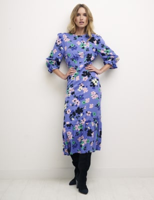 

Womens Nobody's Child Floral Round Neck Midi Waisted Dress - Blue Mix, Blue Mix