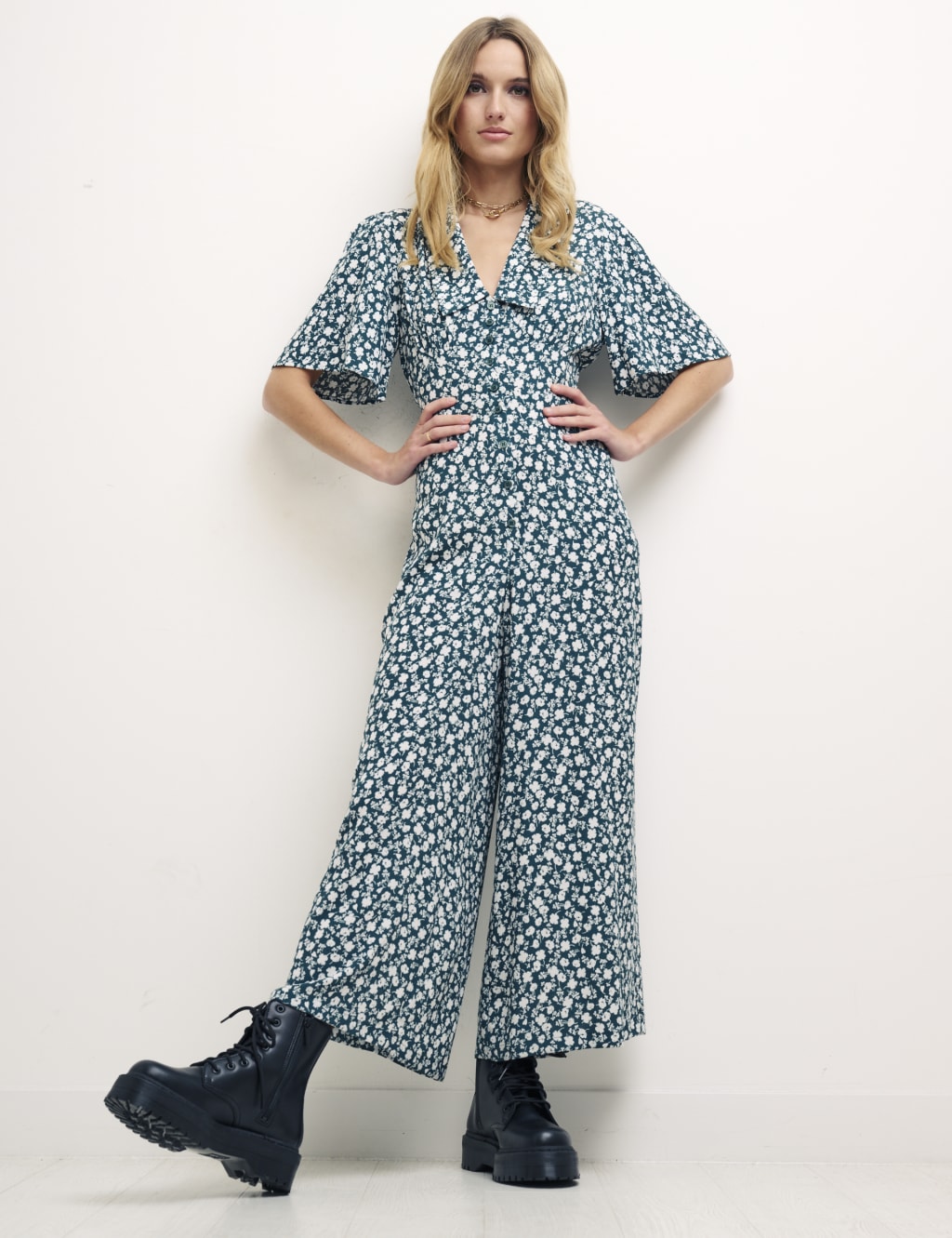 Floral Button Front Short Sleeve Jumpsuit image 1