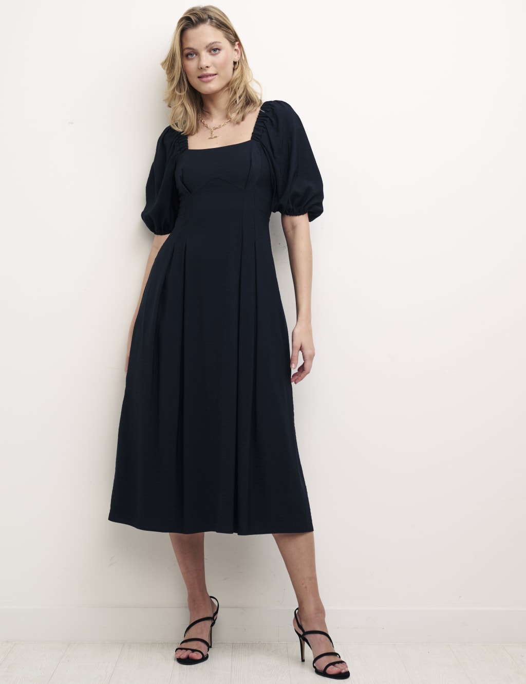 Square Neck Blouson Sleeve Midi Swing Dress image 1