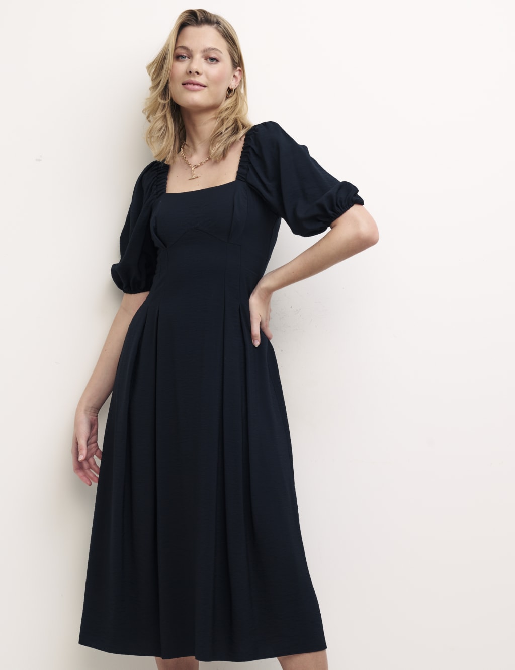 Square Neck Blouson Sleeve Midi Swing Dress image 5