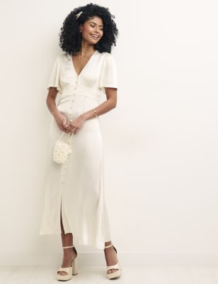 

Womens Nobody's Child V-Neck Button Through Midi Tea Dress - White, White