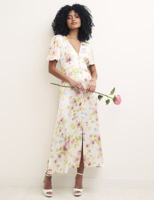 

Womens Nobody's Child Durchgeknöpftes Midi-Teekleid mit V-Ausschnitt und Blumenmuster - Multi, Multi