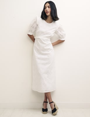 

Nobody's Child Vestido de tarde a media pierna bordado de algodón orgánicoWomens - White, White