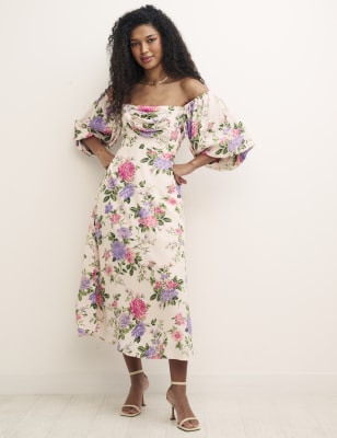 

Womens Nobody's Child Floral Bardot Puff Sleeve Midi Dress - Multi, Multi