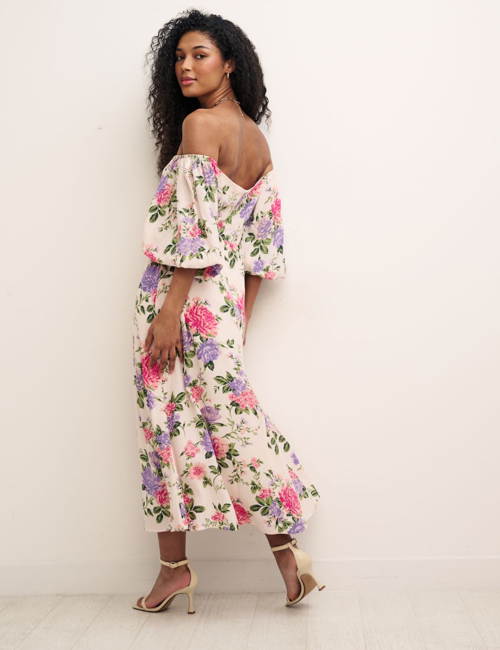 Floral Bardot Puff Sleeve Midi Dress image 2