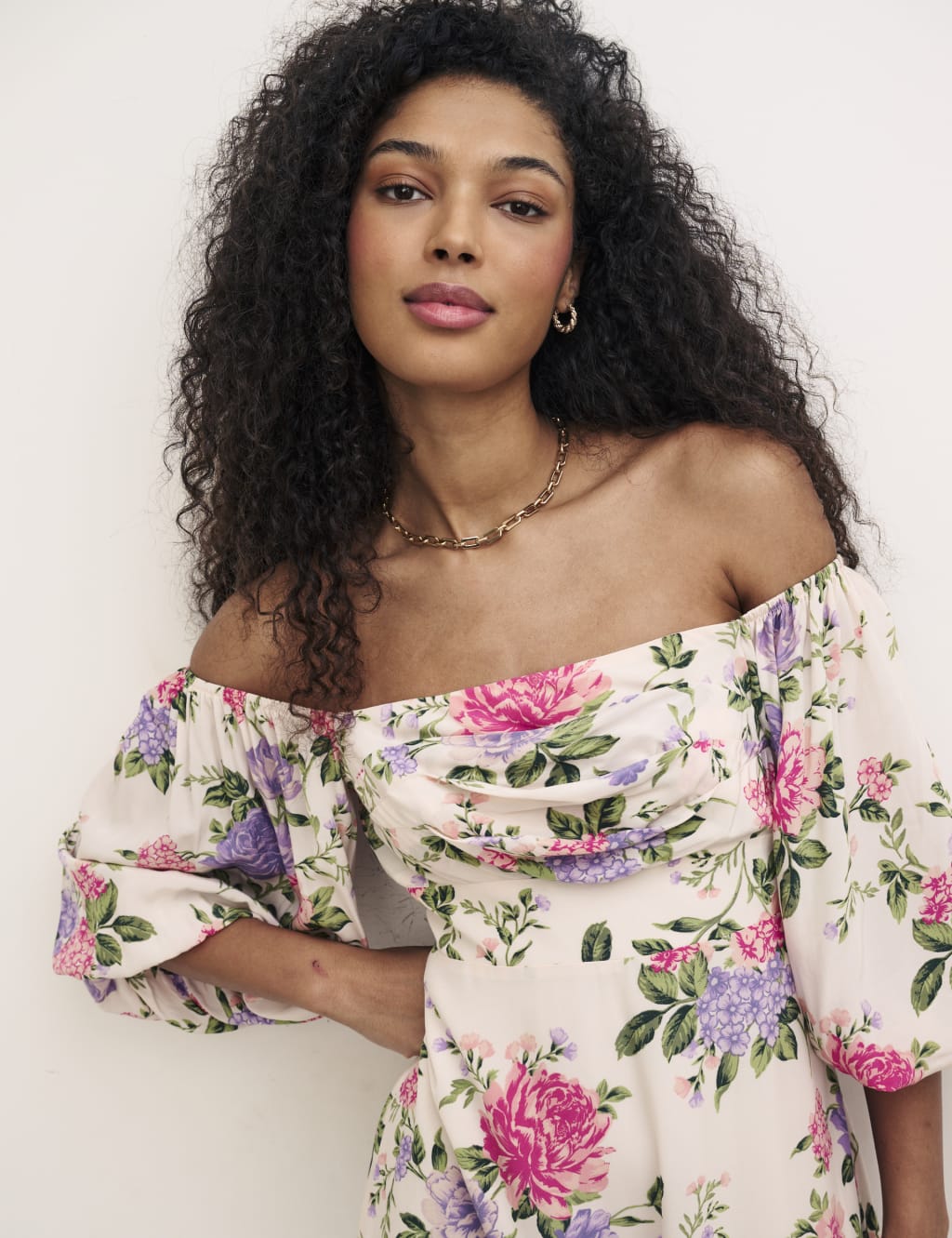 Floral Bardot Puff Sleeve Midi Dress image 4