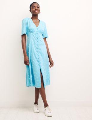 

Womens Nobody's Child Organic Cotton Embroidered V-Neck Midi Dress - Blue Mix, Blue Mix