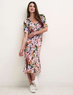 Floral V-Neck Button Through Midi Tea Dress