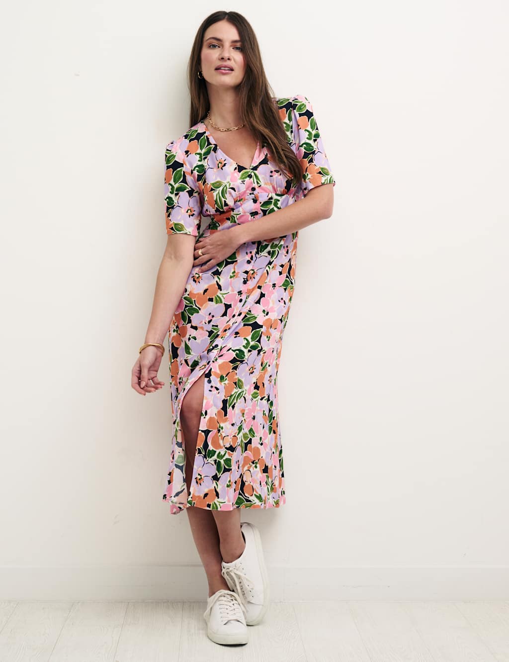 Floral V-Neck Button Through Midi Tea Dress image 1