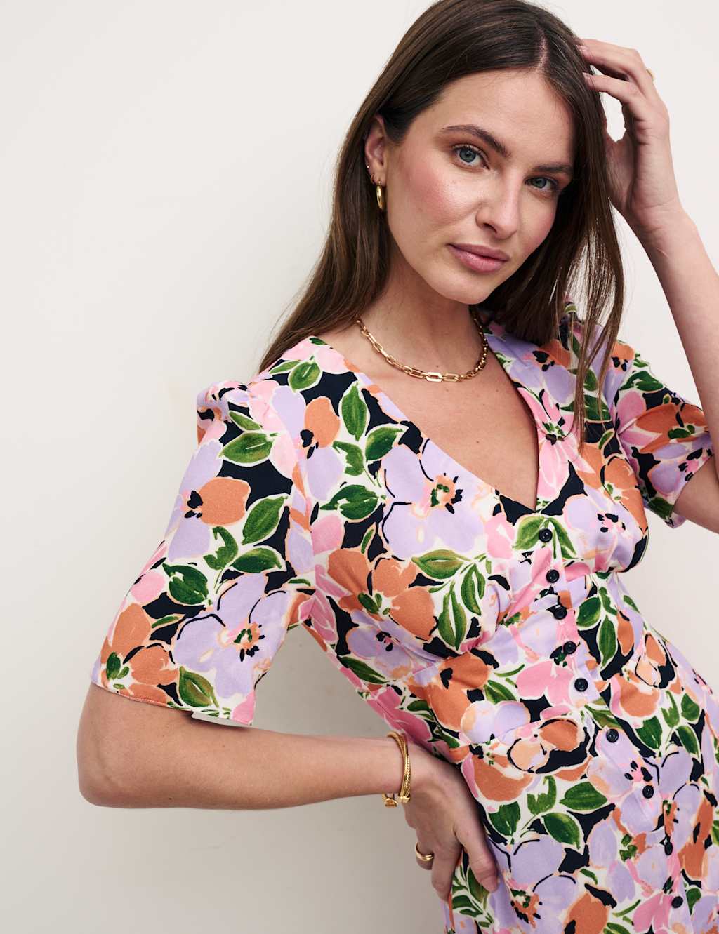 Floral V-Neck Button Through Midi Tea Dress image 4