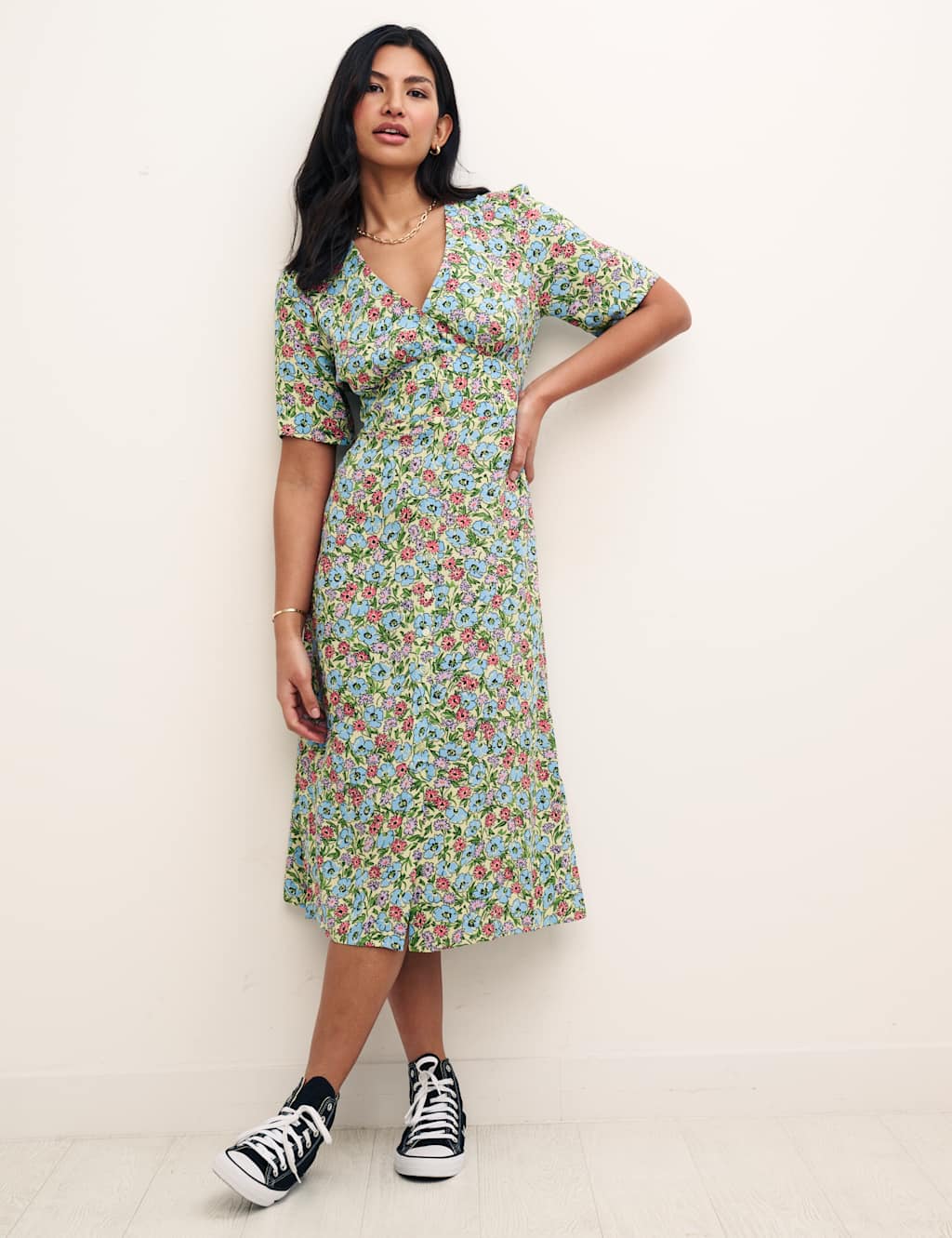 Floral V-Neck Button Through Midi Tea Dress image 3