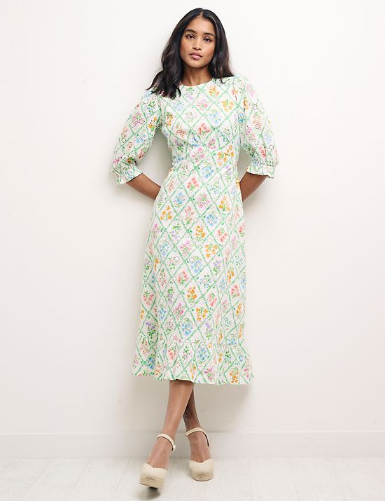 Pure Cotton Floral Broderie Midi Waisted Dress