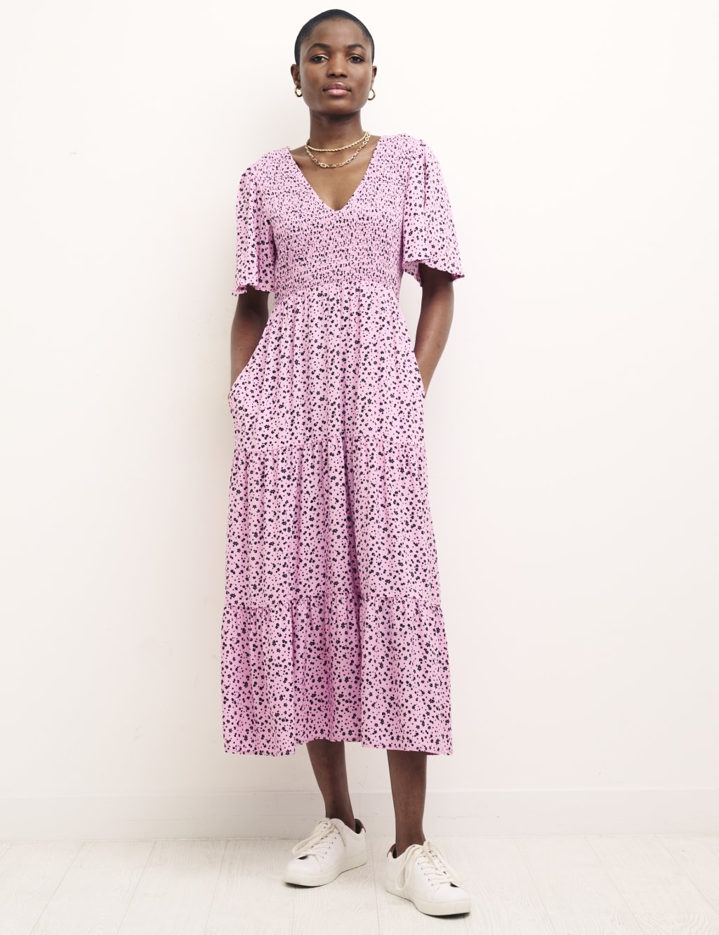 Floral V-Neck Shirred Midi Tea Dress image 1