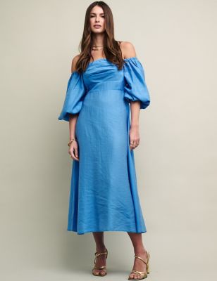 

Womens Nobody's Child Tencel™ Rich Bardot Puff Sleeve Midi Dress - Blue, Blue