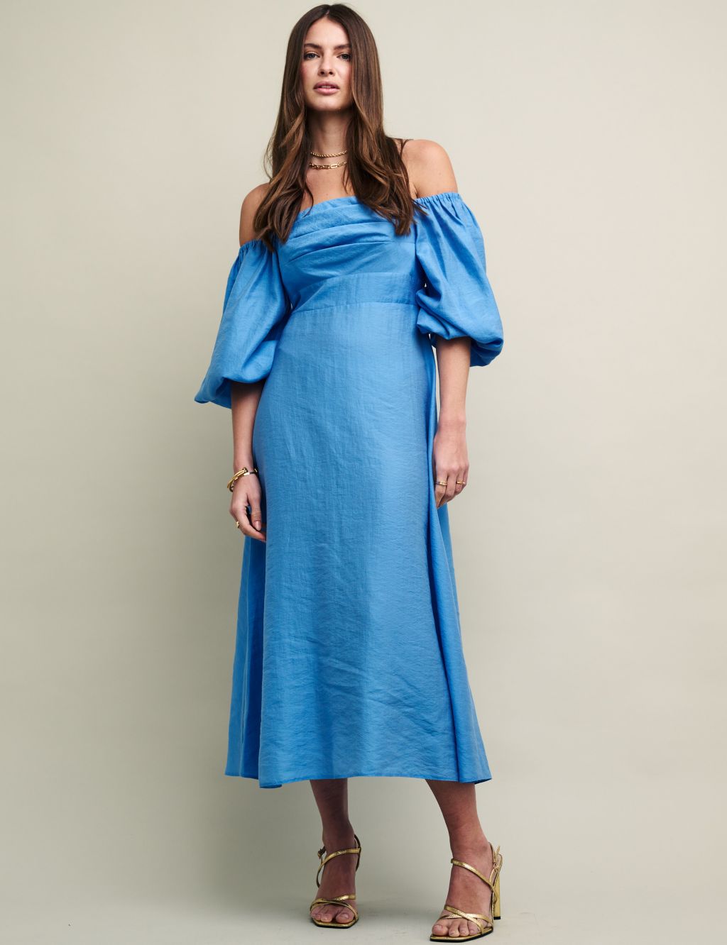 Tencel™ Rich Bardot Puff Sleeve Midi Dress image 1