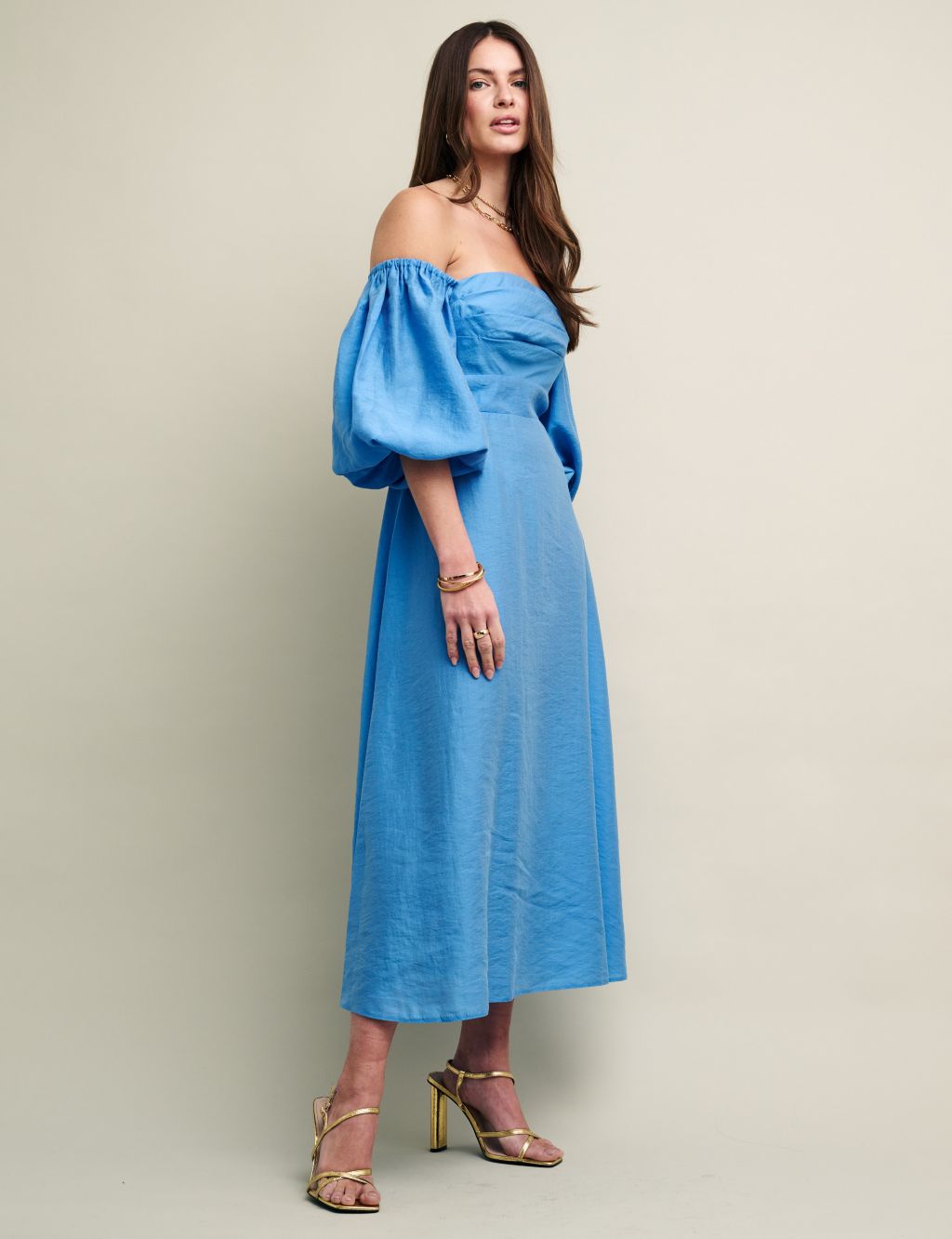 Tencel™ Rich Bardot Puff Sleeve Midi Dress image 3