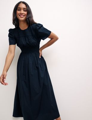 Nobody'S Child Womens Organic Cotton Shirred Midi Smock Dress - 16 - Black, Black