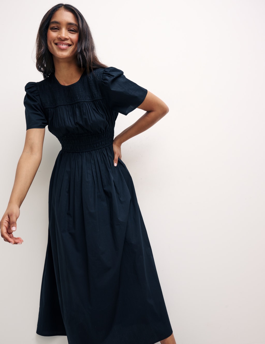 Cotton Shirred Midi Smock Dress