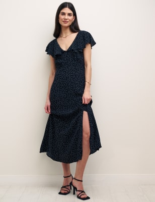

Womens Nobody's Child Polka Dot V-Neck Ruffle Midi Tea Dress - Black Mix, Black Mix