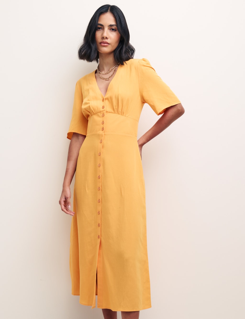 V-Neck Midi Tea Dress with Linen image 1