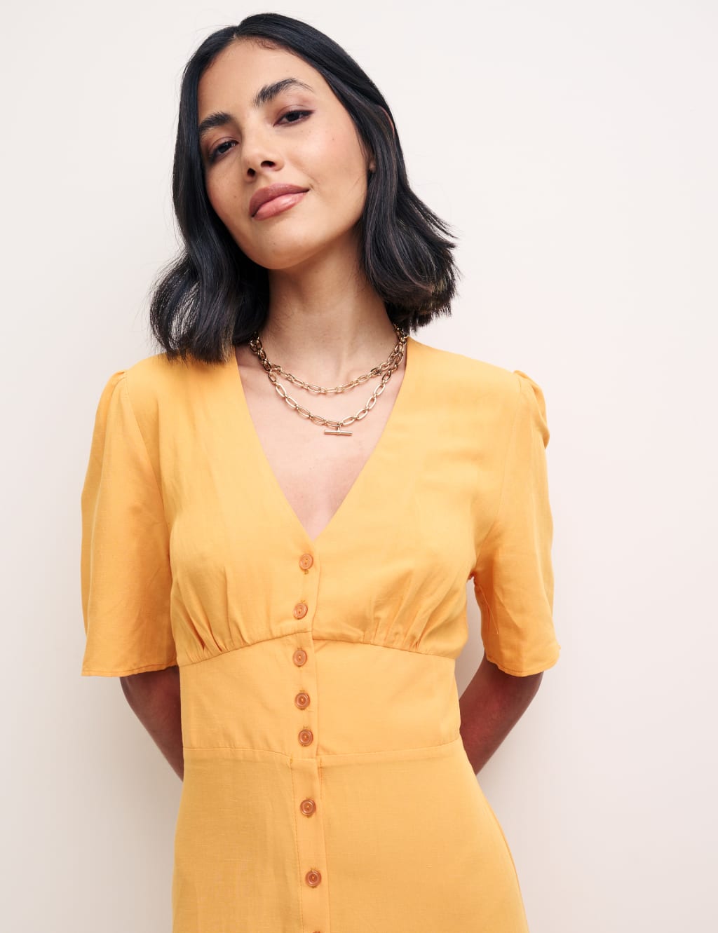 V-Neck Midi Tea Dress with Linen image 3