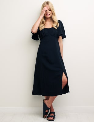 

Womens Nobody's Child Midi-Teekleid mit eckigem Ausschnitt und Leinenanteil - Black, Black