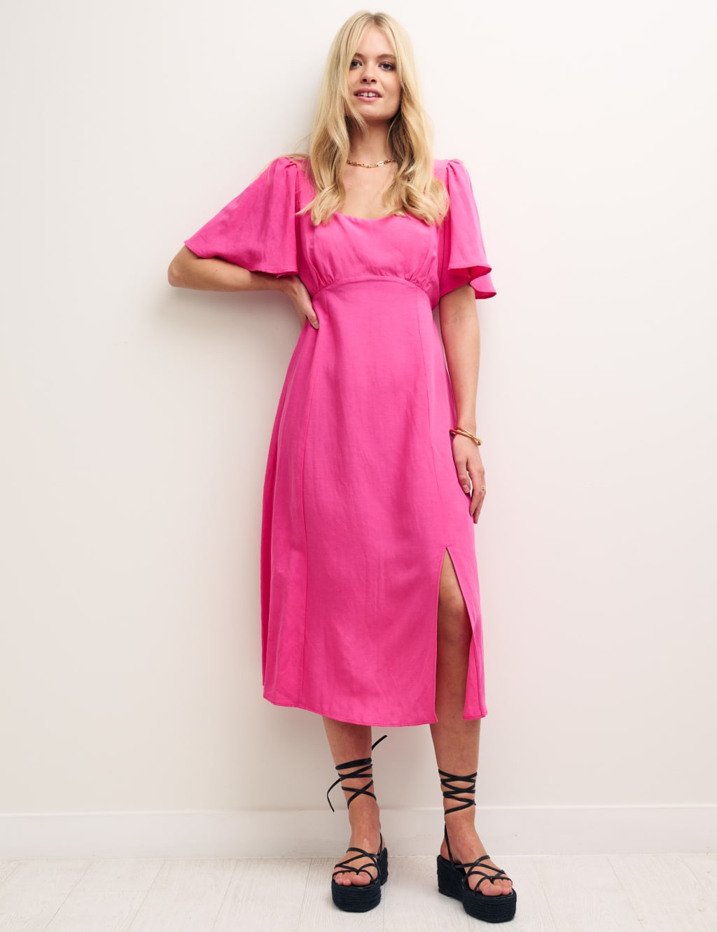 Square Neck Midi Tea Dress with Linen image 1