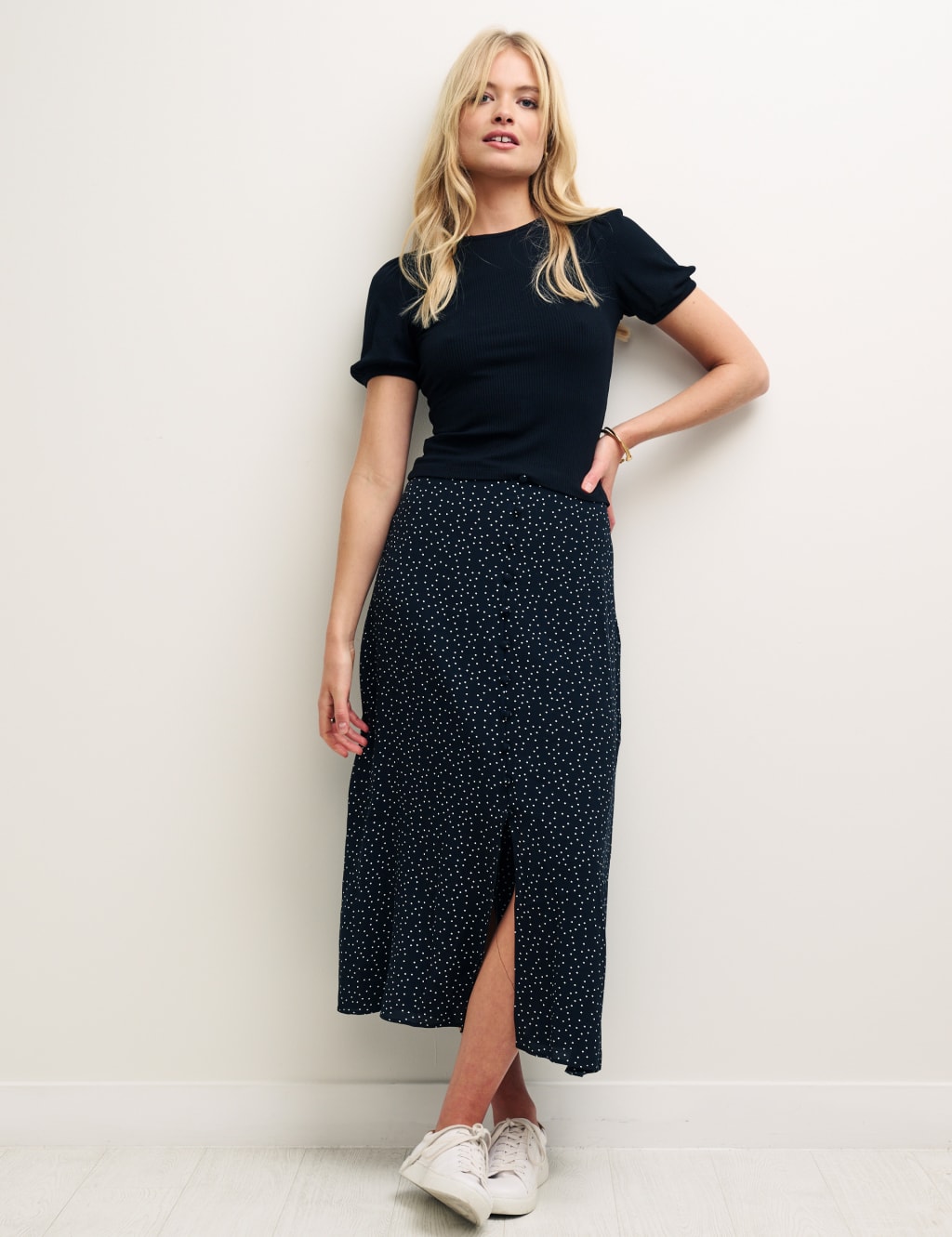 Polka Dot Button Detail Midi Slip Skirt image 1