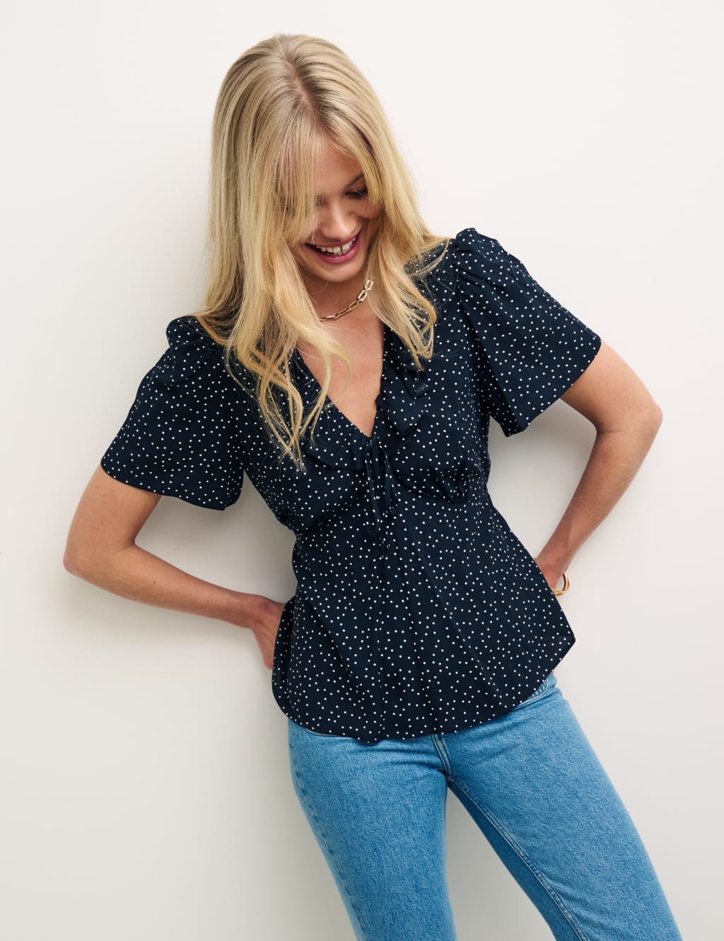 Polka Dot V-Neck Frill Detail Blouse image 1