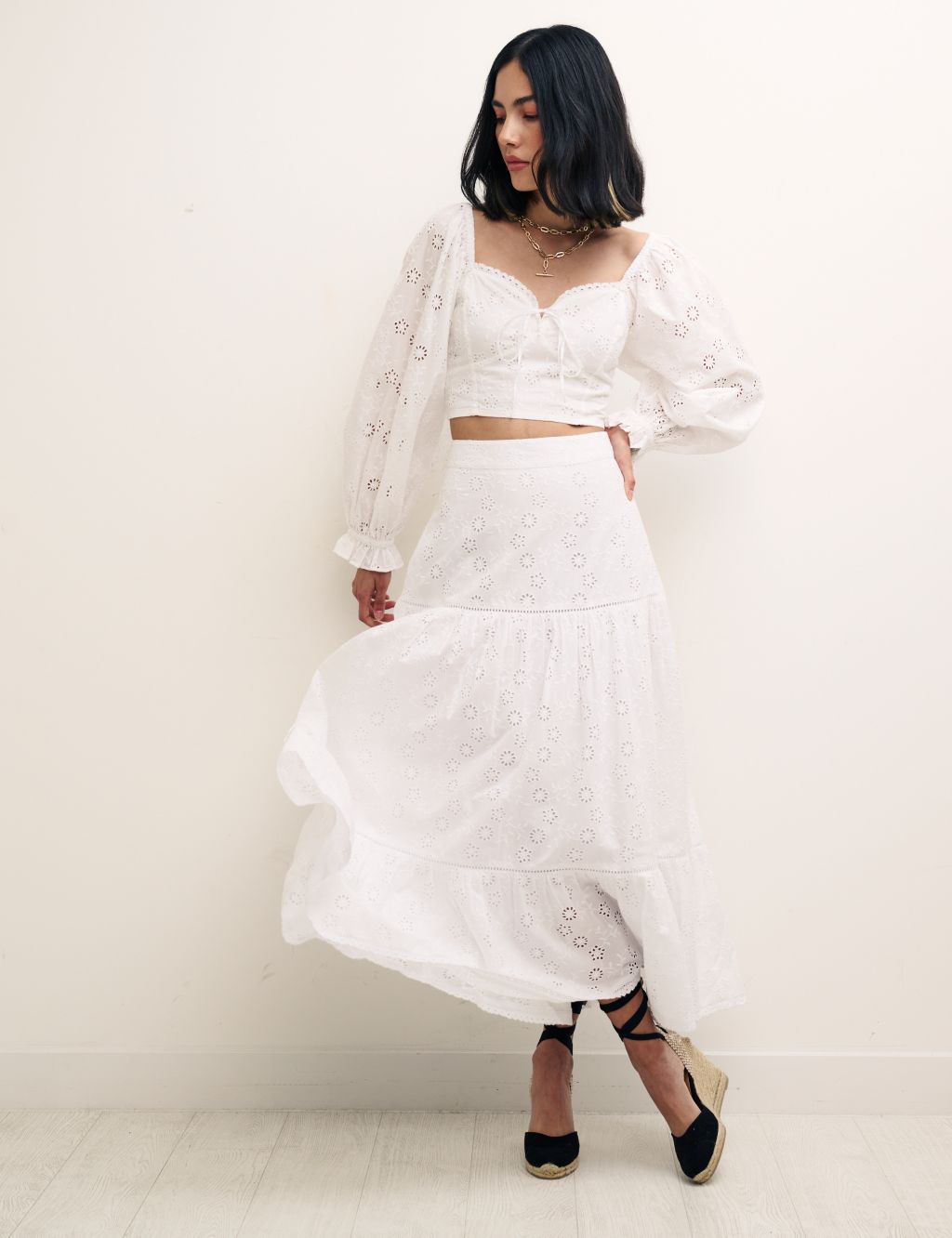 Organic Cotton Broderie Midi Tiered Skirt image 1