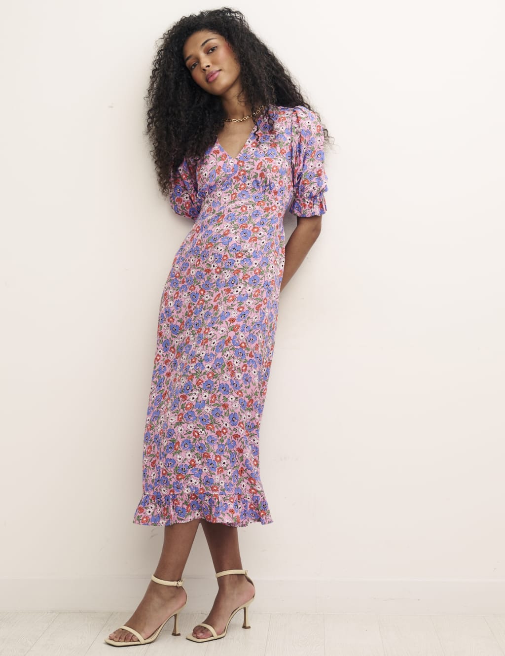 Floral V-Neck Midi Relaxed Tea Dress image 1