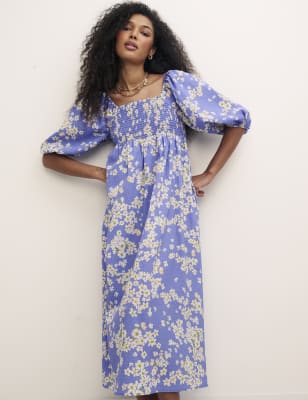 

Womens Nobody's Child Geblümtes Midi-Smokkleid mit eckigem Ausschnitt - Blue Mix, Blue Mix