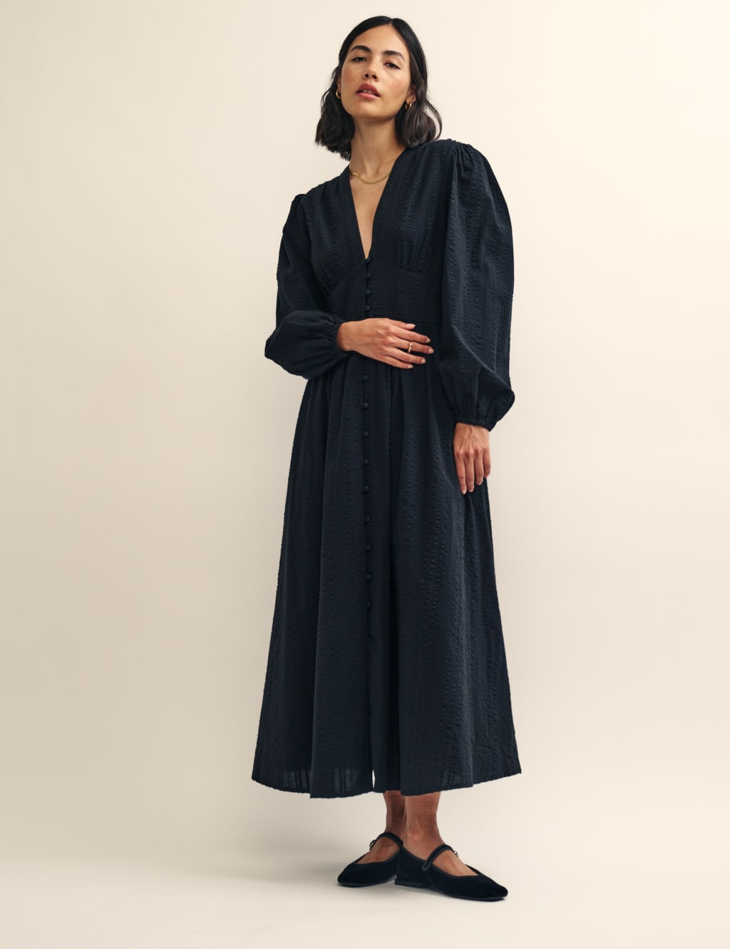 Pure Cotton V-Neck Midaxi Waisted Dress image 2