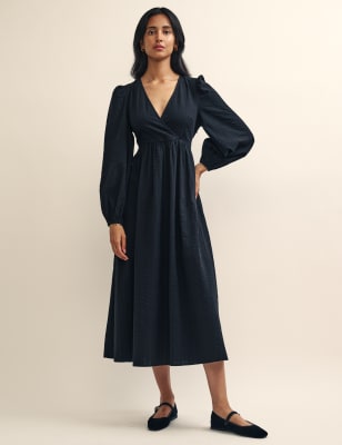 Pure Cotton Textured V-Neck Midi Wrap Dress