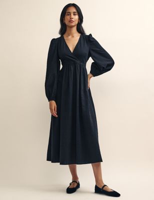 Nobody'S Child Womens Pure Cotton Textured V-Neck Midi Wrap Dress - 10 - Black, Black