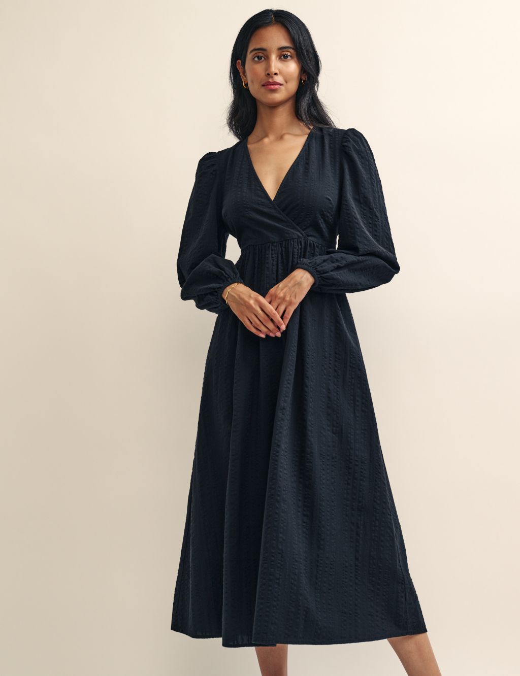 Pure Cotton Textured V-Neck Midi Wrap Dress image 2