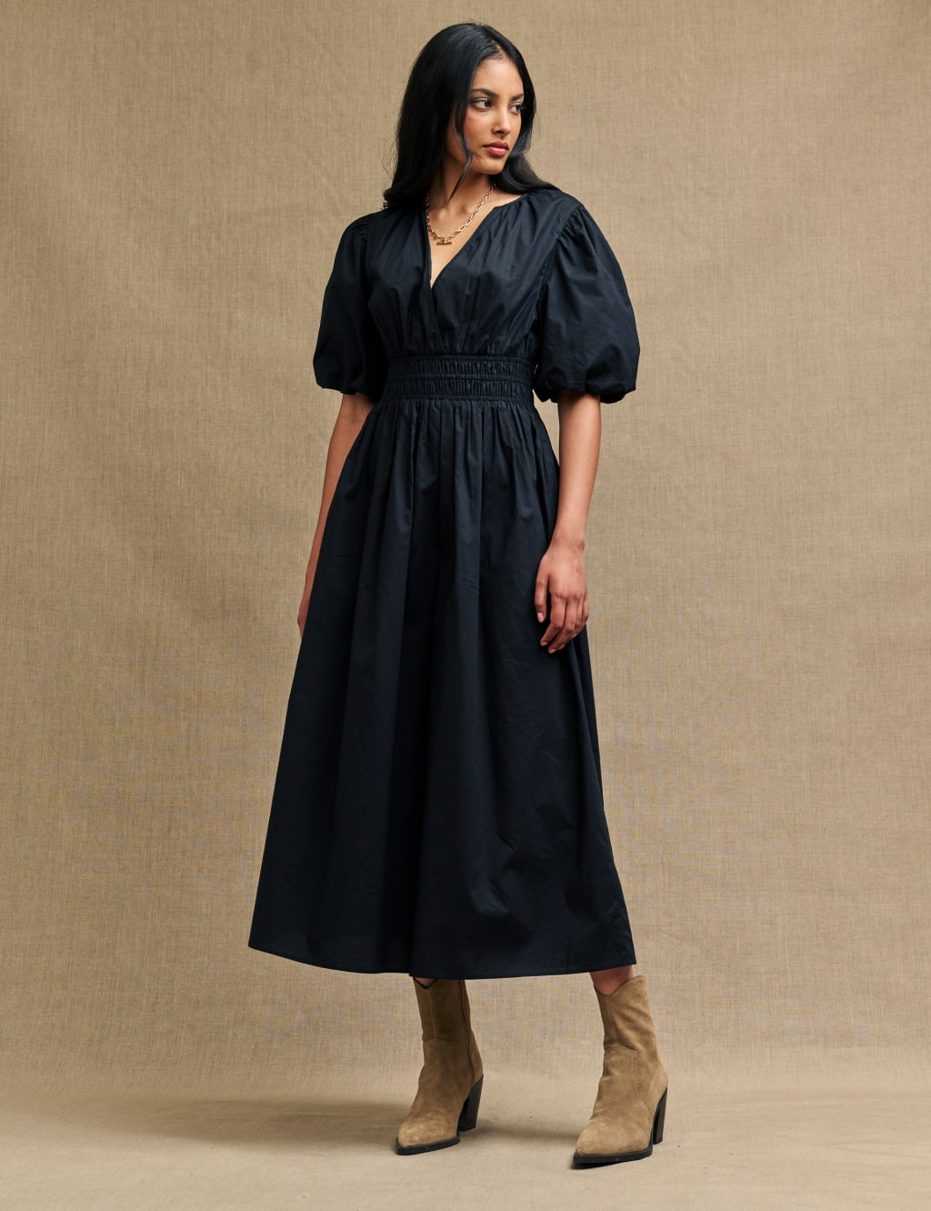 Organic Cotton V-Neck Midi Waisted Dress image 3