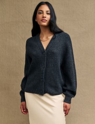 Cotton Blend Ribbed V-Neck Relaxed Cardigan