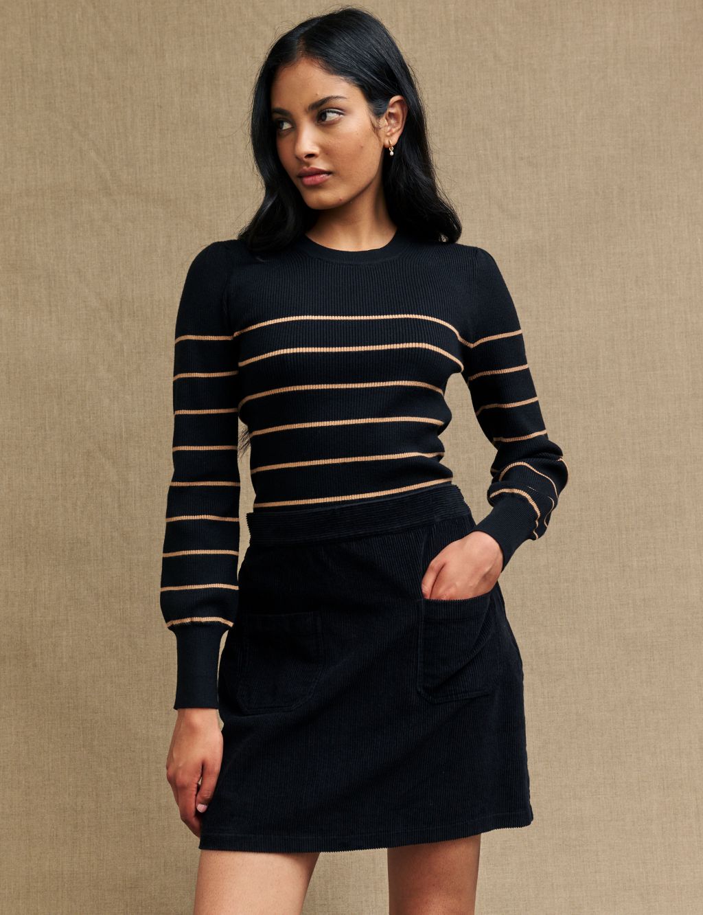 Striped Ribbed Crew Neck Fitted Jumper image 1