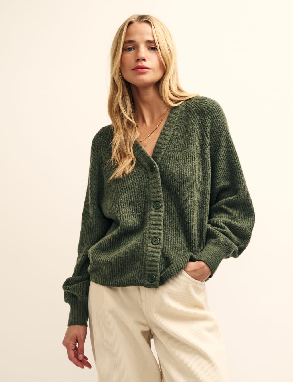 Cotton Blend Ribbed V-Neck Cardigan image 1