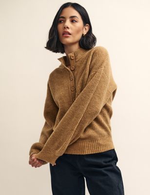 Ribbed Funnel Neck Button Detail Jumper