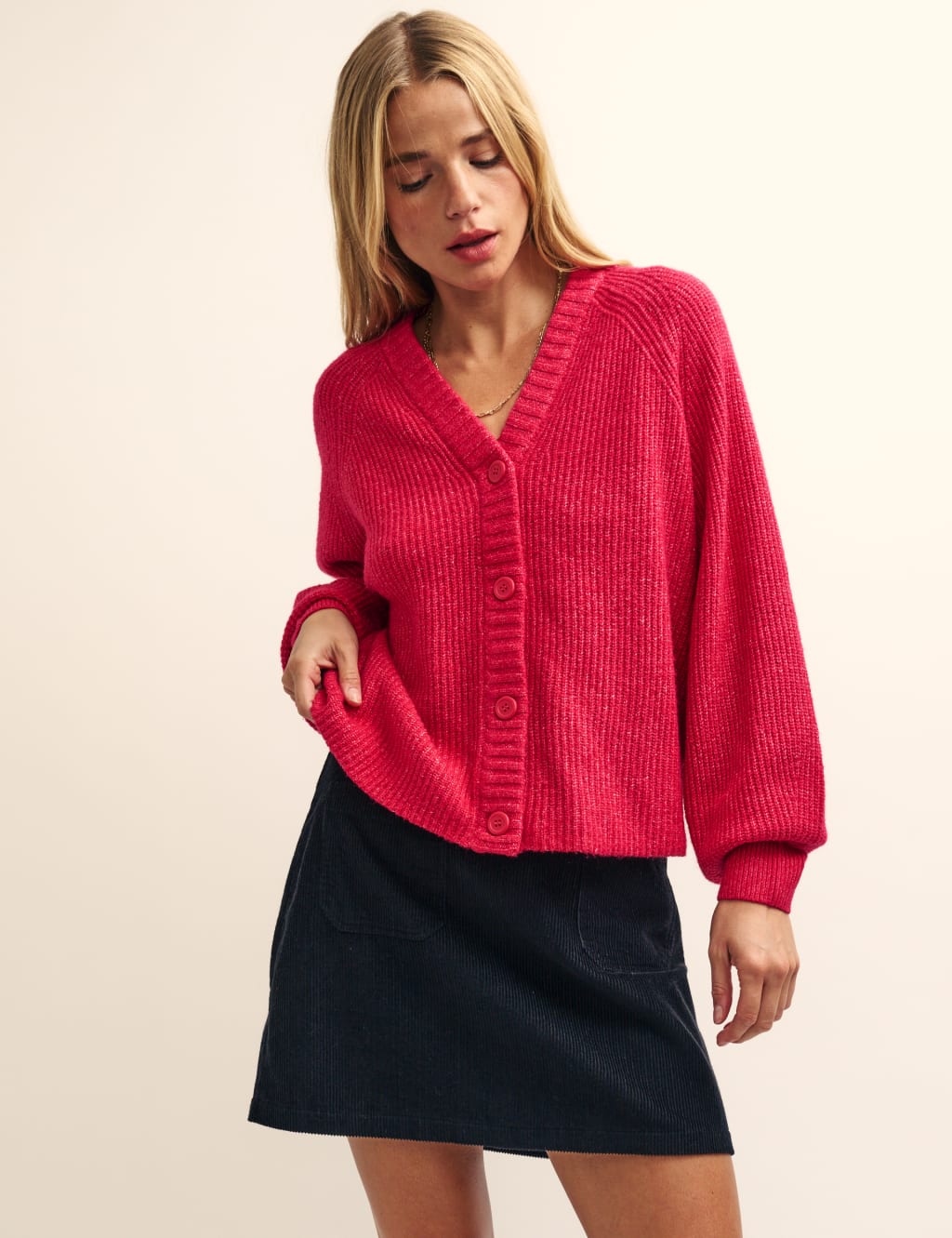Cotton Blend Ribbed V-Neck Cardigan image 2