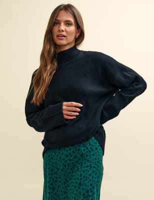 Cotton Blend Funnel Neck Longline Jumper