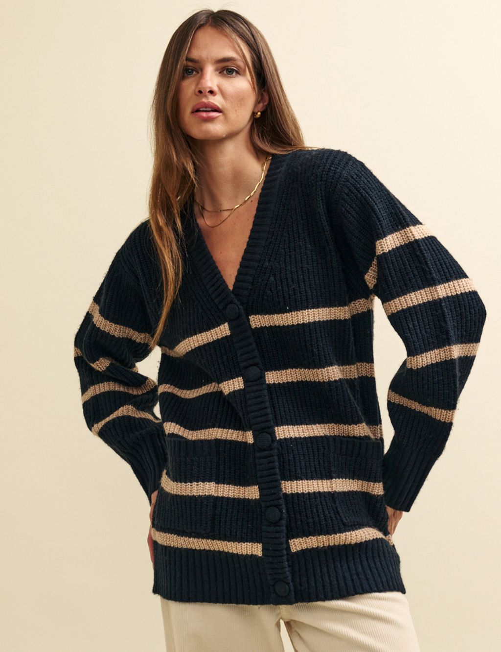 Striped V-Neck Relaxed Longline Cardigan image 1