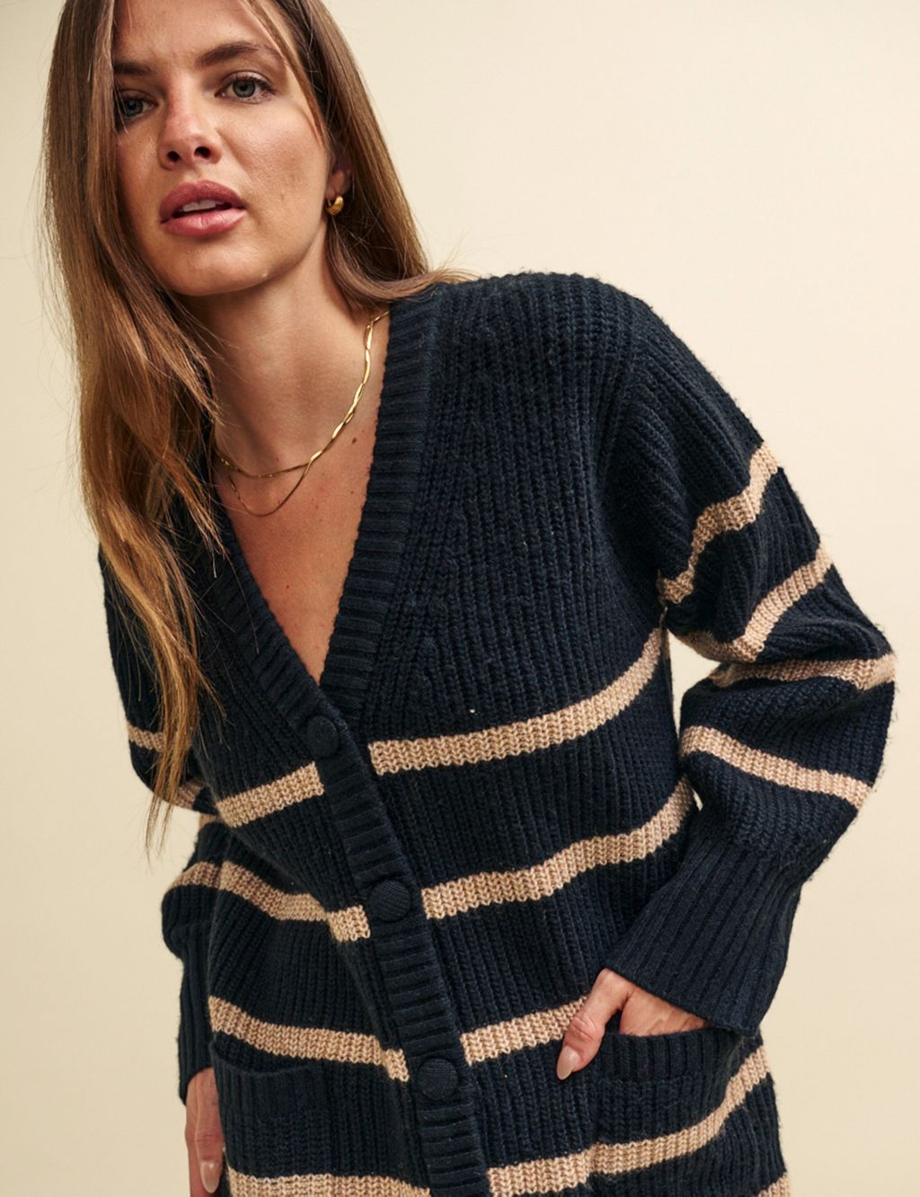 Striped V-Neck Relaxed Longline Cardigan image 3