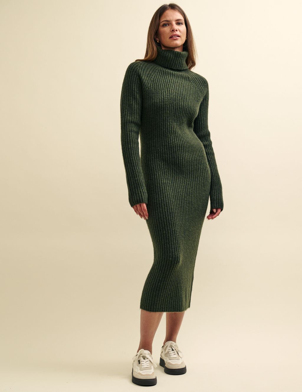 Knitted Ribbed Roll Neck Midi Jumper Dress image 1